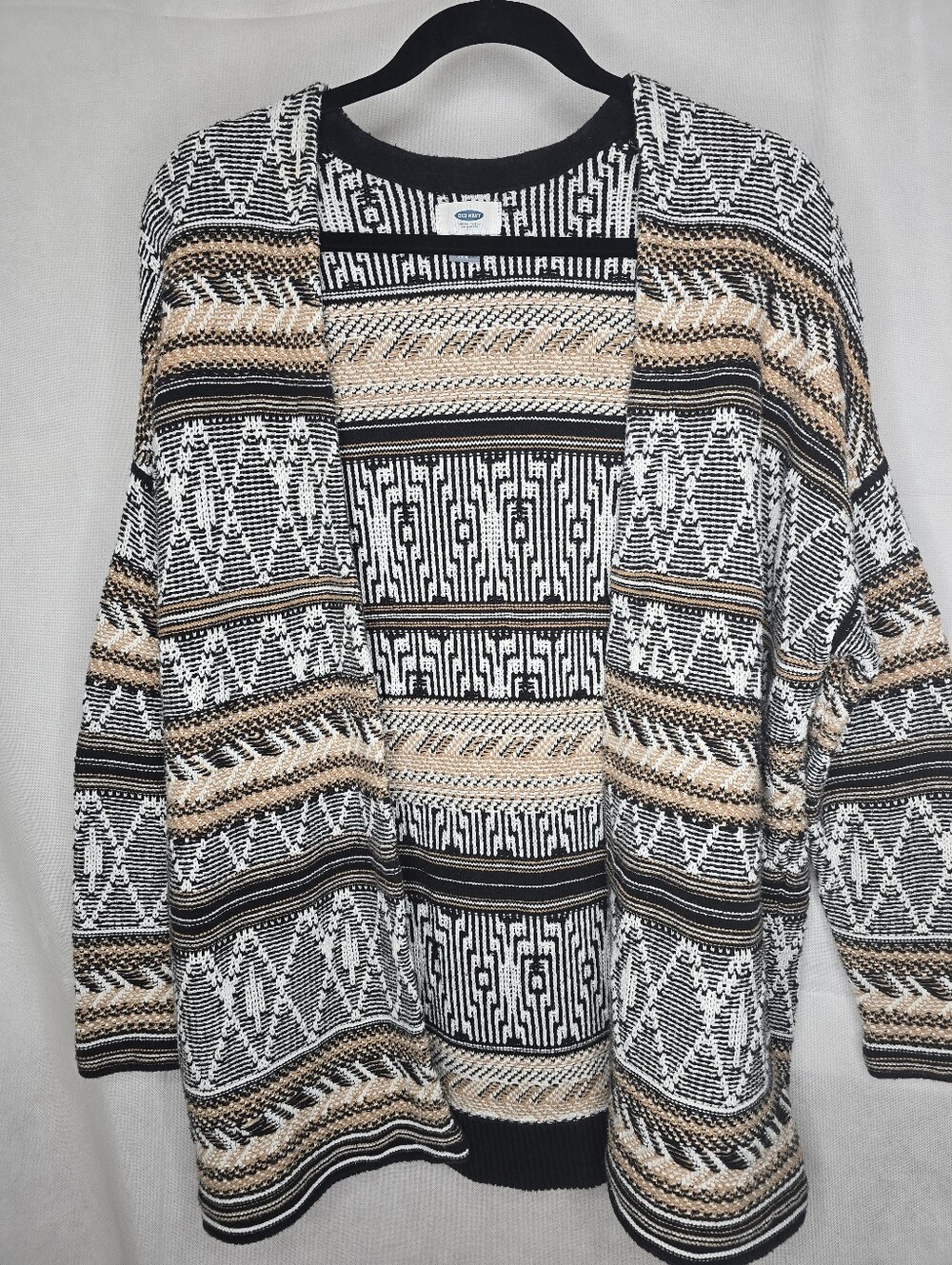 Old Navy Open Cardigan Black Tan Southwest Tribal Cotton Knit Sweater M